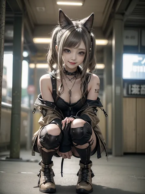 (Full Body View:1.2)、(Smiling with teeth showing:1.3),(Shibuya Gal:1.5)、(Beautiful gravure model:1.5)、(Neo-goth fashion:1.5)、(Punk RockVisual Kei:1.5)、(An off-the-shoulder hoodie in khaki and brown with delicate silver accessories.:1.5)、(A corset with a de...