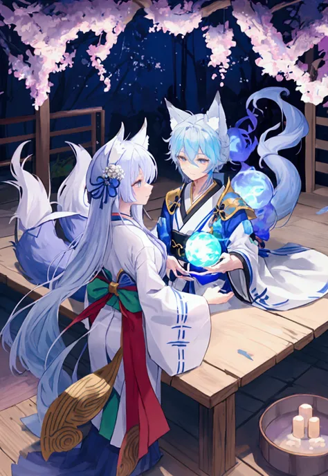 fox Light blue hair 　beast boy　indigo fur　fox beast boy　fox Light blue hair 　beast boy　indigo fur　fox beast girl　Wallpaper 4k,8k,highly detailled,,vivid colors,detailed kitsune with 9 tails,traditional Japanese artwork,tatami floor,beautiful cherry blossom...