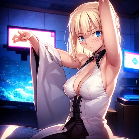 High resolution, 最high resolution,high resolution,{Things to know_f de stay night ufotable:1.15}, Rubio_ Best Quality, masterpiece, フルnude,Sweatだく,Blushing,smile,Armpitアップ,Sweat,Armpitを広げて見せている,bed,Moist,Blonde,whole body,pubic hairあり,Love juice,Armpit,sid...