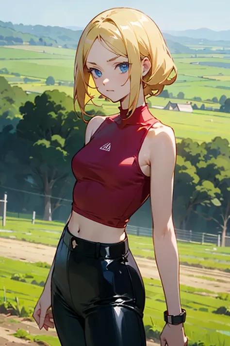 creates a 25-year-old anime girl with tight black leather pants and a red tank top, blonde hair with blue eyes in a farm landscape