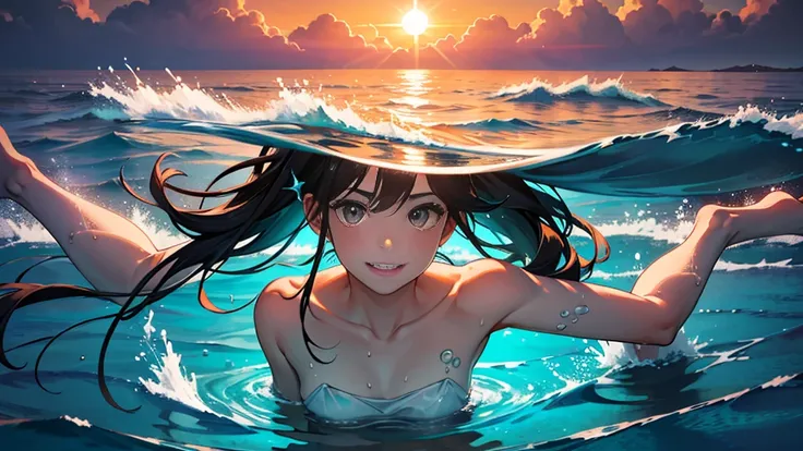 {best quality}, {very aesthetic}, {ultra-detailed}, {8k}, {Super elaborate face}, {Super-smart body}, {best illustration},　Mature face, 20-year-old woman, swim under the sea, (In the water), Midsummer Seafloor, Ocean floor at dusk, smile, Super-detailed do...