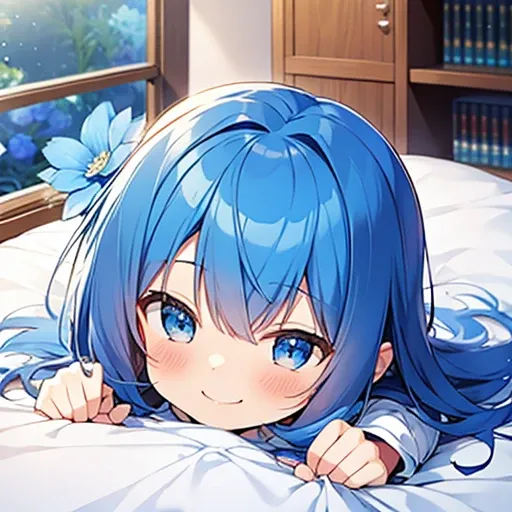 blue face,blue cat year,cute,,chibi character,blue flower,Moe Anime,smile,room