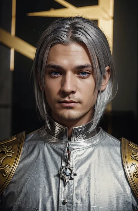 Aasimar Male Age 35 War priest Silver Hair Eyes yelow and silver