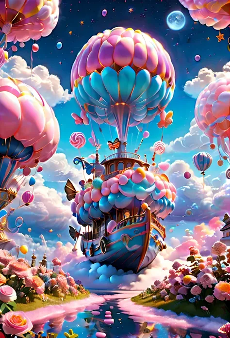 (very unified cg scene design）,(character  design），( epic balloon ship floating in the clouds），pink and blue，starlights，rosette，...