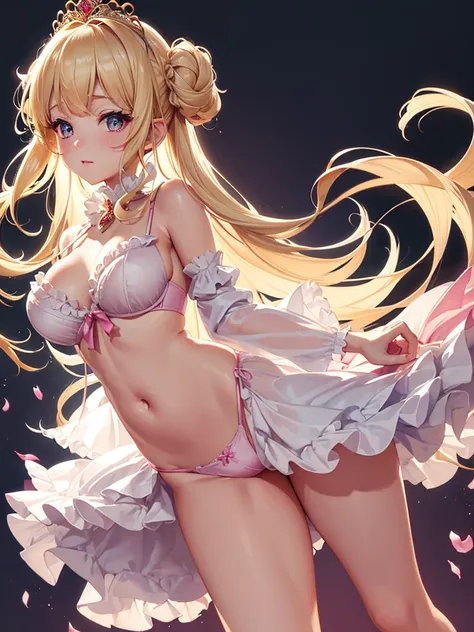 bare breasts、(satin、silk、(Ruffled Bra、panties))、Highest quality, Super Fine, 16K, Incredibly absurd, Very detailed, Beautiful and cute woman, shy, Big, bright eyes, Blonde double-sided princess hairstyle, Princess-like pink ruffled long flare skirt dress, ...