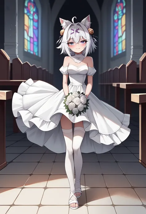 UHD, masterpiece, best quality, church, infront of the altar, 1girl, solo, Filian, white fox tail, ((small cat ears), white hair, short hair, ahoge, hairclip, hair bell, deep violet eyes, blush, seductive smile, a-line wedding dress, white stockings, white...