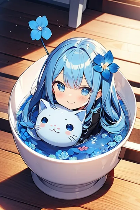 blue face,blue cat year,cute,,chibi character,blue flower,Moe Anime,smile,room,masterpiece,best quality,super fine illustration,super detailed,