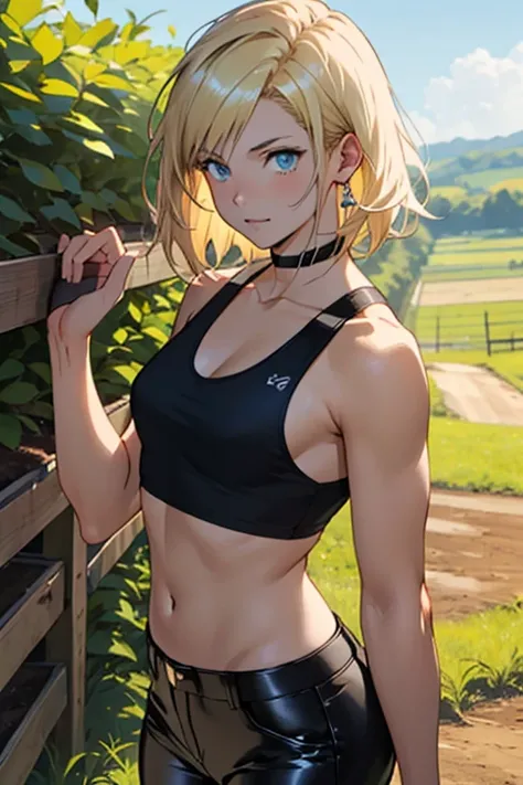 creates a 25-year-old anime girl with tight black leather pants and a red tank top, blonde hair with blue eyes in a farm landscape