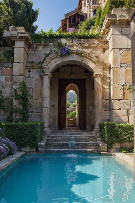 Ancient Greek architecture carved into the mountain at the junction of the sea and the mountain, pool garden at the front of the villa, create a fancy picture with purple flowers, make it realistic