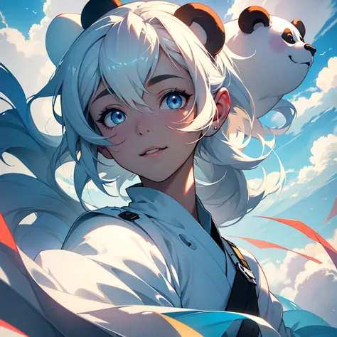 masterpiece, top quality, cinematic footage, one girl, floating in the sky, cloud girl, clouds, (Close-up: 1.1), Bright, happy, fun, soft lighting, (Bauhaus, form, Line, Abstract: 1.1), panda ears