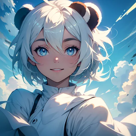 masterpiece, top quality, cinematic footage, one girl, floating in the sky, cloud girl, clouds, (Close-up: 1.1), Bright, happy, fun, soft lighting, (Bauhaus, form, Line, Abstract: 1.1), panda ears