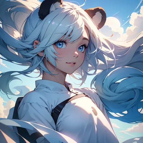 masterpiece, top quality, cinematic footage, one girl, floating in the sky, cloud girl, clouds, (Close-up: 1.1), Bright, happy, fun, soft lighting, (Bauhaus, form, Line, Abstract: 1.1), panda ears