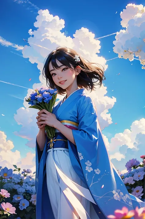 Under a clear blue sky, a beautiful woman wearing a blue kimono smiles while holding a bouquet of flowers.