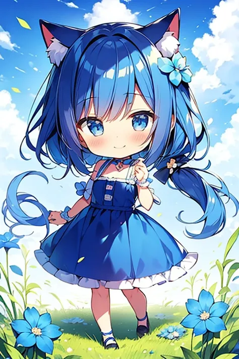 blue face,blue cat year,cute,chibi character,blue flower,Moe Anime,smile,Flower Field,standing,masterpiece,best quality,super fine illustration,super detailed,,chibi,