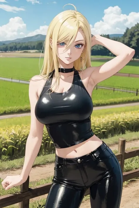 creates a 25-year-old anime girl with tight black leather pants and a red tank top, blonde hair with blue eyes in a farm landscape