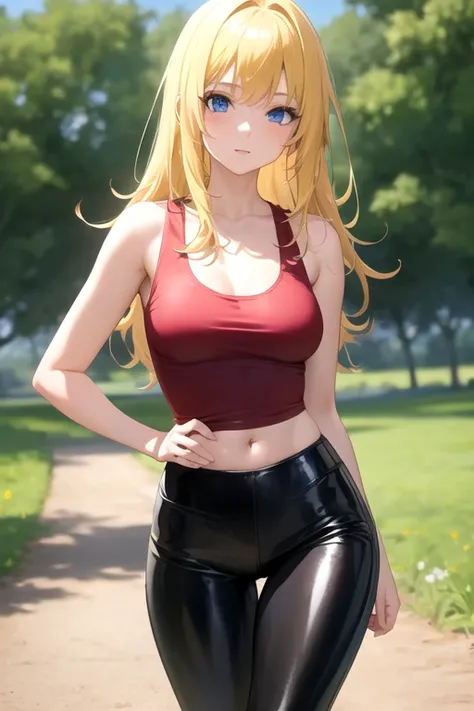 creates a 25-year-old anime girl with tight black leather pants and a red tank top, blonde hair with blue eyes in a farm landscape