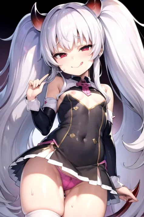 pretty girl、Young face、silver Hair、Twin tails、Pink eyeischievous face、Spoiled brat、uniform、Immature body、Small breasts、Sticking out tongue、Long and cute tongue、smile、Sweat、sexy panties、（Thick thighs:1.5)、demon horns and tail、red  eyes