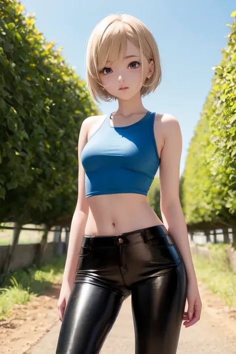 creates a 25-year-old anime girl with tight black leather pants and a red tank top, blonde hair with blue eyes in a farm landscape