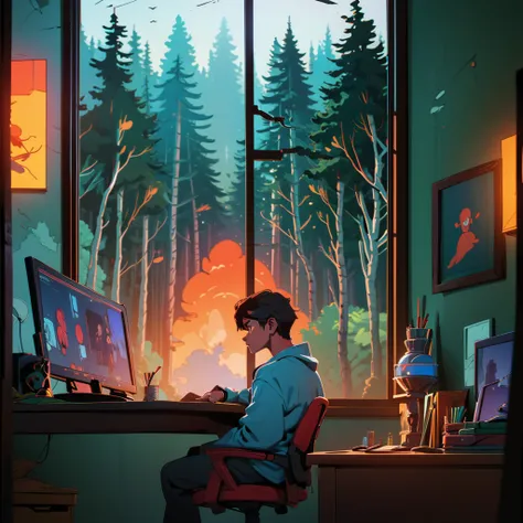 (master part) a boy (eyes) studying sitting in his room, with his redset, entire room with a computer desk, on his desk, with headphones on, nerdy decor, video games on the wall, posters, window showing the forest , calm, at peace, thinking, cinematic, col...