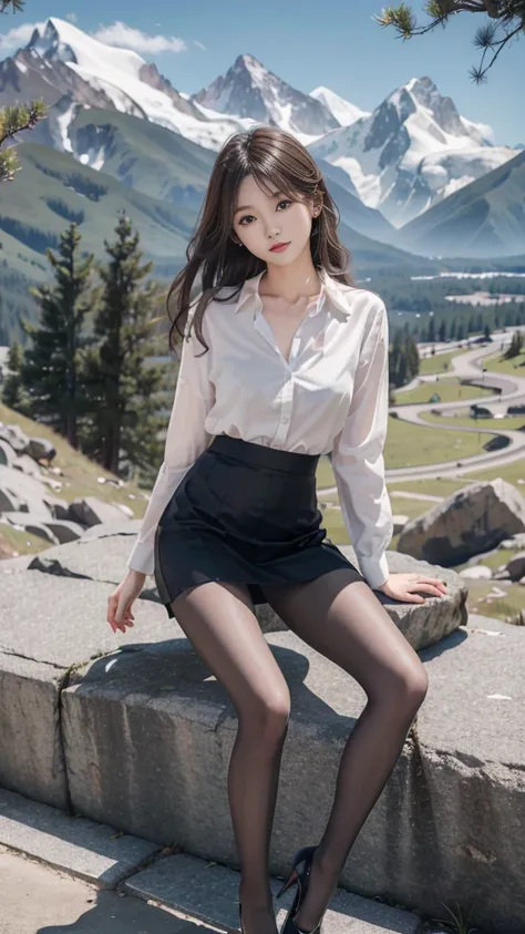 ulzzang-6500-v1.1, (RAW Photos:1.1), (Photorealistic), (Genuine:1.4), １girl、Perfect Anatomy、20 years old、Looking at the camera、Medium Long Hair、company uniform、skirt, ((in the mountains, plant, sitting position, Leaning against the rocks))、(Ultra-realistic...