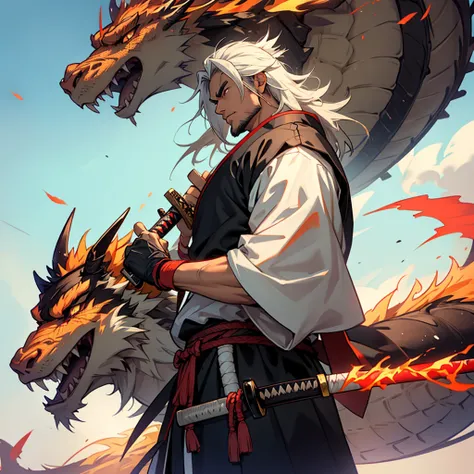 The samurai holds his katana and looks into the distance on a huge field with a flaming dragon