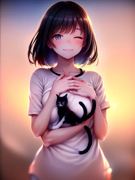 masterpiece,highest quality,highest resolution,beautiful girl smiling with eyes closed,(((big black and white cat in the sky))),...