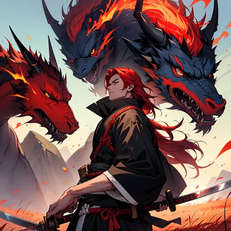 A samurai with red hair holds a katana and looks into the distance on a huge field with a flame dragon