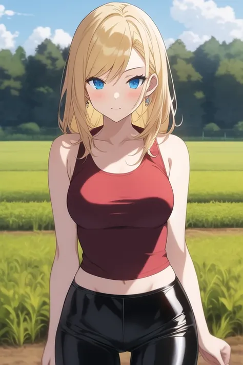 creates a 25-year-old anime girl with tight black leather pants and a red tank top, blonde hair with blue eyes in a farm landscape