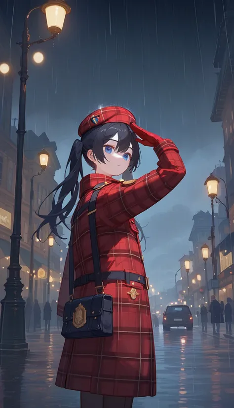 1Young girl，Black twin ponytails，Blue Eyes，Crimson beret，Dark red plaid trench coat，Gold-plated sapphire brooch，salute，Gloves，Black Silk，European style architectural background，rain，dark clouds，Beautiful light and shadow，Street Lights，（（Black hair））