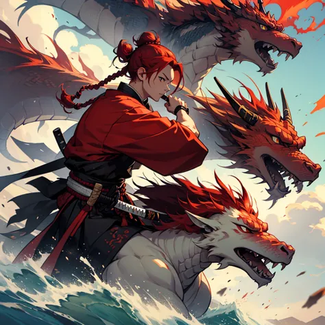 A samurai with red hair braided in a bun holds a katana and looks into the distance on a huge field with a fiery dragon