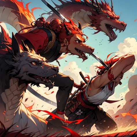 A samurai with red hair braided in a bun holds a katana and looks into the distance on a huge field with a fiery dragon