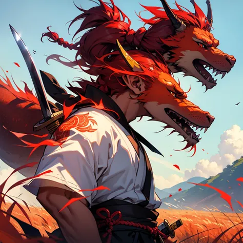 A samurai with red hair braided in a bun holds a katana and looks into the distance on a huge field with a fiery dragon