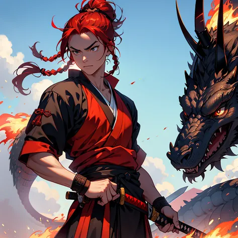 A samurai with red hair braided in a bun holds a katana and looks into the distance on a huge field with a fiery dragon