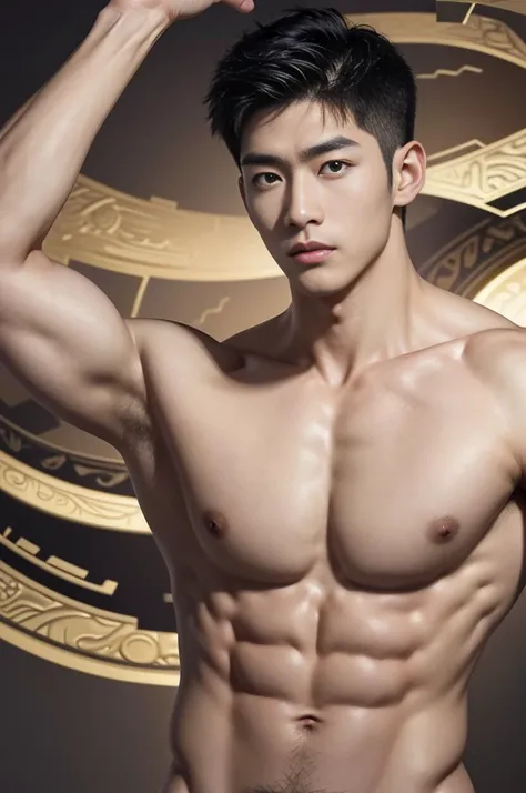 Mind control, hypnotic spiral, (masterpiece, ultra quality, high resolution, 8k, intricate: 1.2), (detailed face:1.2), handsome, Young Korean man, white skin, double eyelids, detailed skin, 1boy, ((realistic)), abs, good lighting quality, muscle veins, ((p...