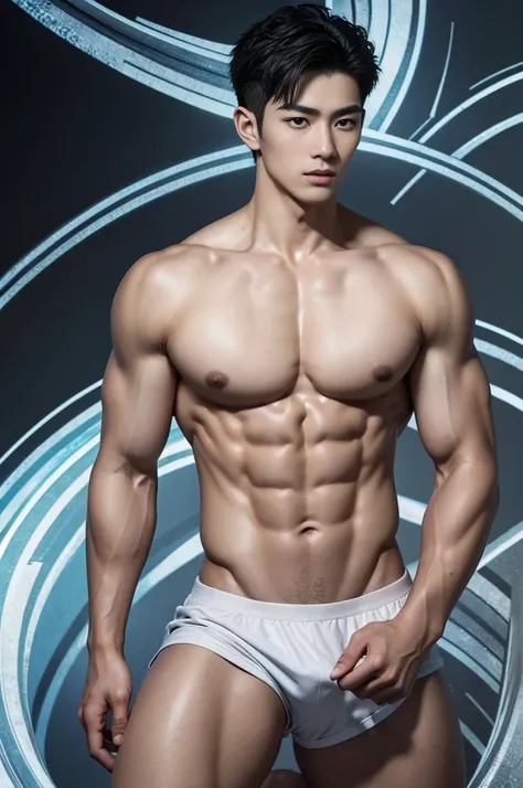 Mind control, hypnotic spiral, (masterpiece, ultra quality, high resolution, 8k, intricate: 1.2), (detailed face:1.2), handsome, Young Korean man, white skin, double eyelids, detailed skin, 1boy, ((realistic)), abs, good lighting quality, muscle veins, ((p...