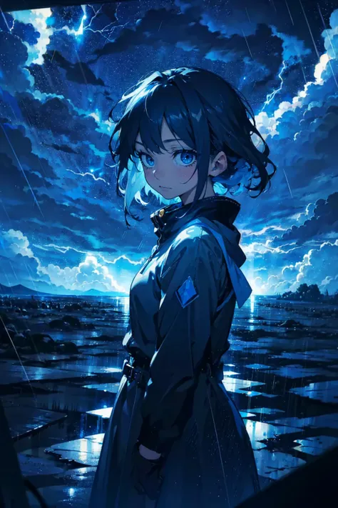 1girl,solo,cool,brilliant blue eyes,rainy,dark yellow,dark blue night,thunder