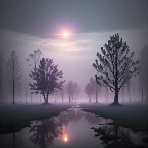 trees in a foggy forest with a puddle of water, a matte painting inspired by Gregory Crewdson, flickr, romanticism, purple fog, light purple mist, a mystical misty glow, foggy twilight lighting, extremely beautiful and ethereal, purple mist, foggy morning ...