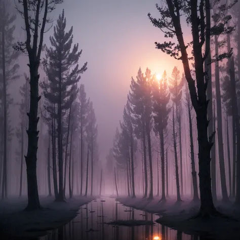 trees in a foggy forest with a puddle of water, a matte painting inspired by Gregory Crewdson, flickr, romanticism, purple fog, light purple mist, a mystical misty glow, foggy twilight lighting, extremely beautiful and ethereal, purple mist, foggy morning ...