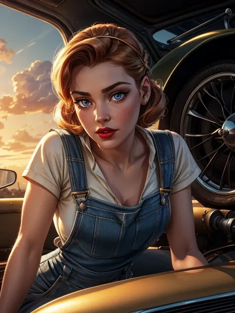 a highly detailed, photorealistic portrait of Penelope Pitstop, beautiful detailed face, mesmerizing eyes, delicate long eyelashes, full red lips, porcelain skin, 1 girl, bending over, working on her vintage car, mechanic overalls, oil stains, grease, chro...