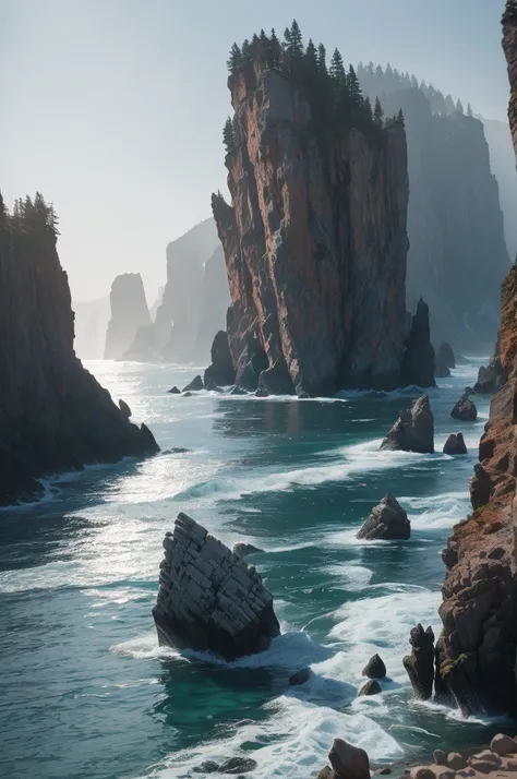 there are many rocks in the water near the shore, a picture by Kristin Nelson, unsplash, les nabis, with jagged rocks and eerie, incredibly beautiful, with jagged rocks & eerie, rocky cliffs, rocky cliff, with lots of dark grey rocks, sheer cliffs surround...