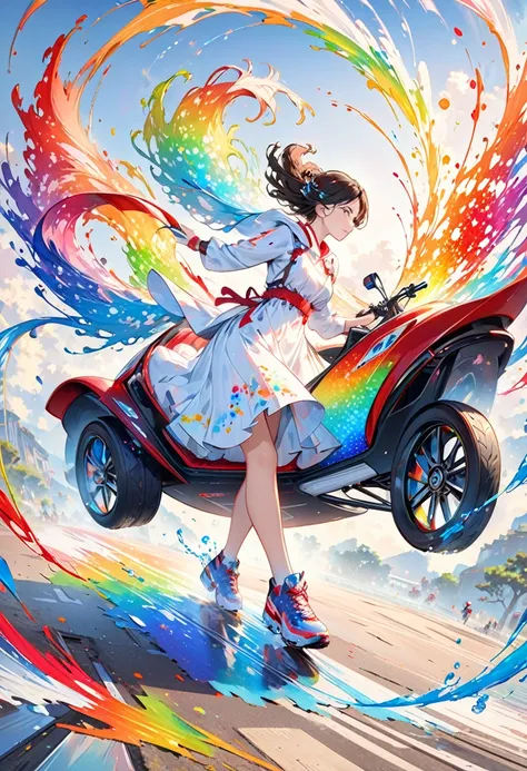 Capturing the Essence of Wind with Liquid Ink，It turned into a whirlwind of pointillism., Traversing a spectrum of multiple random colors, 4K Concept Art, Extreme Detail, Wheels within wheels, Glowing Canvas, Sports, dynamic, Clear glossy focus, create a p...