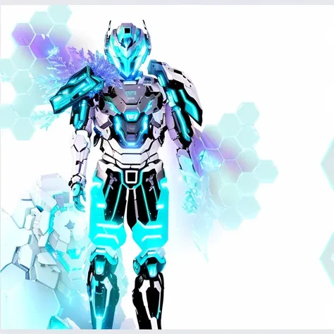 There is a robot standing in front of the snowflakes, Anime robot mixed with organic, Complex luminous mech, Detailed cosmic angel robot, Mecha style greek god, cyber combat armor, Fractal robot ninja background, Ice crystal armor, Shiny high-tech armor, S...