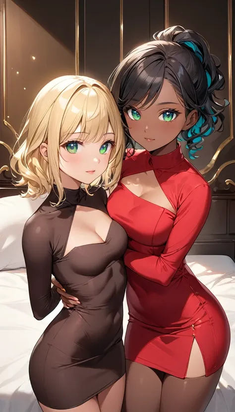 Two beautiful 13y old girls (girl 1 with mid straight ponytail blonde hair with green eyes, caucasian skin, wearing Tight and Short Dress, Sexy Criss Cross Mock Neck Mid Sleeves Beige Dress), (girl 2 with short curly black hair with blue eyes, ebony skin, ...