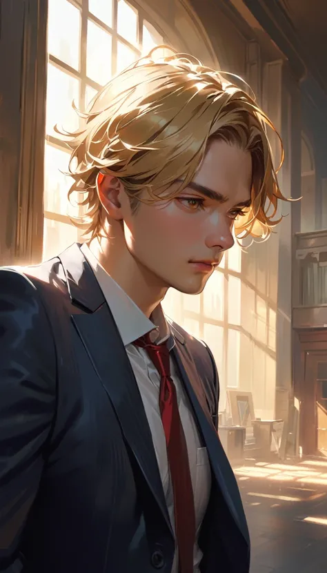 A blonde-haired boy with slightly wavy, soft, and glossy hair. He has golden eyes, large and expressive, with a calm and serious expression. He is wearing a student-like suit, consisting of a white shirt and a slightly disheveled red tie. The background de...