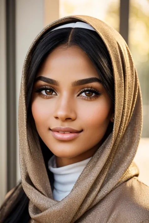 high resolution photo frontal portrait of a black woman in hijab that has a classically beautiful face with delicate, feminine features. Her most striking attributes are her long, straight flowing black hair and captivating honey-colored eyes. She has larg...