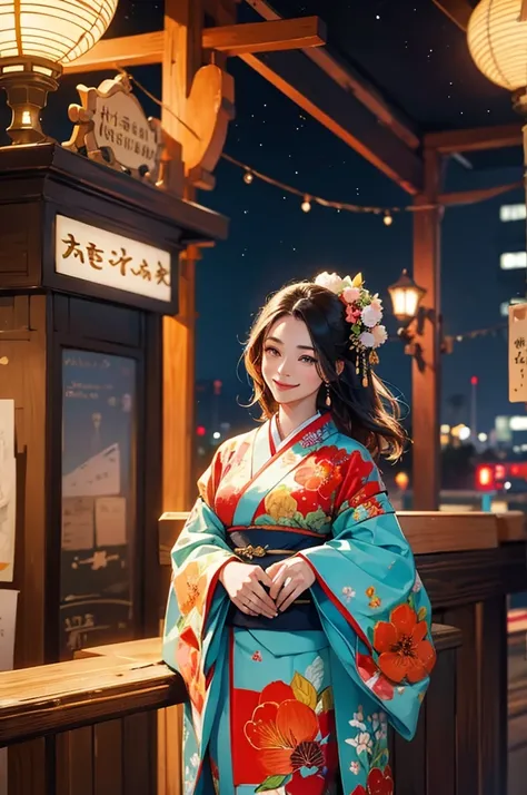 A beautiful woman wearing a gorgeously patterned kimono welcoming people with a smile at night