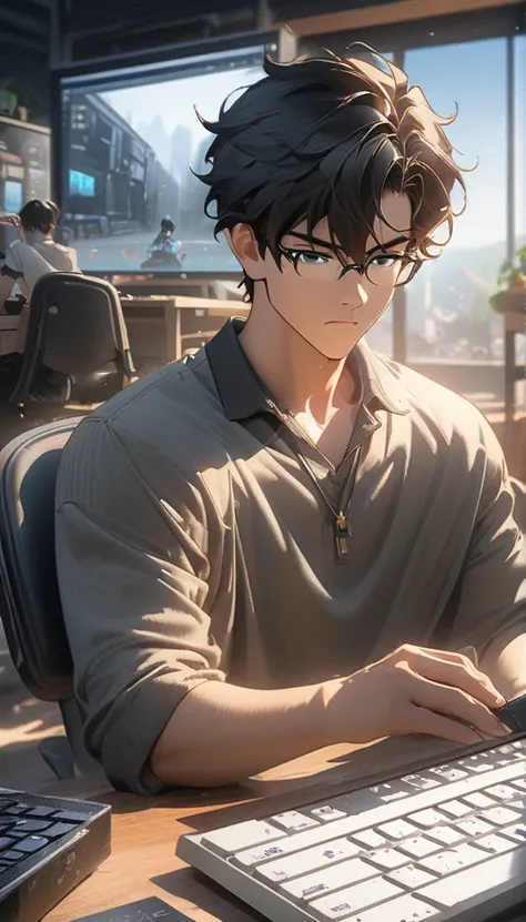 anime boy sitting at desk, cute boy, holding and keyboard, ((Xin Haicheng)), studio brisk Xin Haicheng, Gouves style artwork, Xin Haicheng. digital rendering, Digital animation illustration, plan, Xin Haicheng art style, Xin Haicheng style, Xin Haicheng!