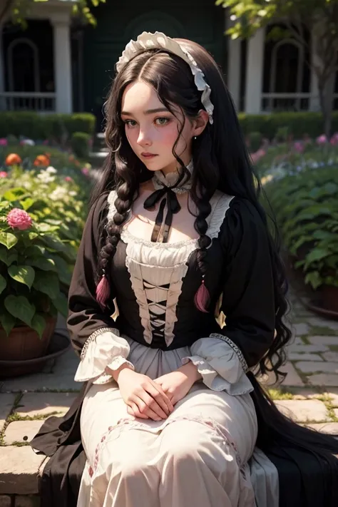 1 18th century woman, long black curly hair, skin detailed, pore, emerald green eyes, sunburned red cheeks, slightly pink plump lips, sitting in a garden wearing an 18th century dress