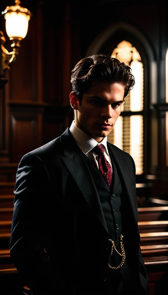 a well-dressed young lawyer, a devils advocate, dark and moody, dramatic lighting, ornate courtroom, high contrast, dark shadows, gritty and cinematic