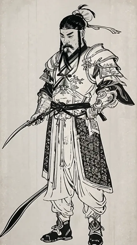 (((monochrome)))、(((ink painting)))、((ancient chinese man with bun hairstyle wearing white swimming cap))、he held a gun in his r...